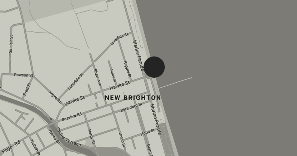Map of New Brighton showing the location of He Puna Taimoana Hot Pools, with the facility clearly marked alongside nearby landmarks and the coastline