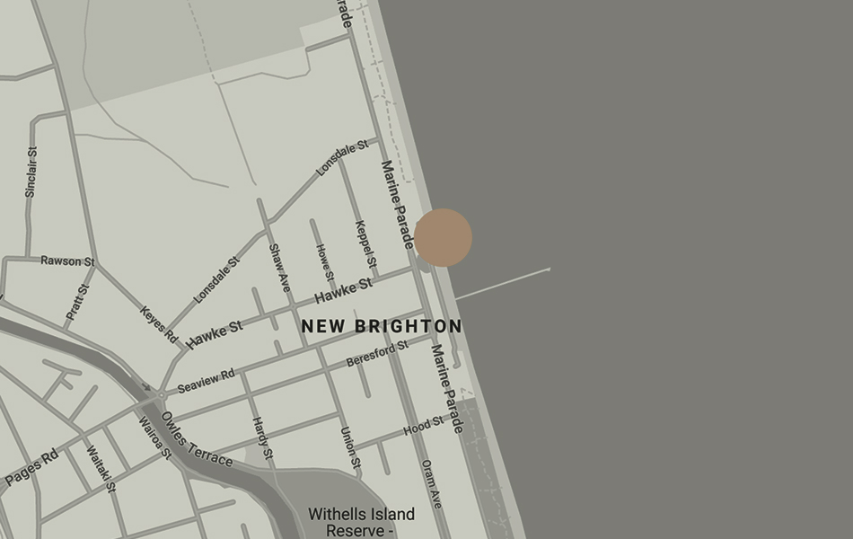 Map of New Brighton showing the location of He Puna Taimoana Hot Pools, with the facility clearly marked alongside nearby landmarks and the coastline